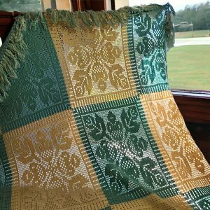 Vintage Bed Spread Coverlet Blanket Hand Crocheted Floral Cream Teal Full Size